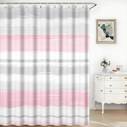 Abstract Pink Grey Shower Curtain Modern Striped Aesthetic Minimalist Geometric Bathroom Curtain for Girl Women Watercolor Painting Waterproof Fabric Shower Curtains Set with Hooks,72x72inch
