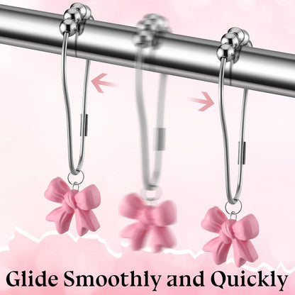 Yaocom 12 Pcs Pink Bow Knot Shower Curtain Hooks Rustproof Metal Decorative Bow Knot Shower Hangers Bulk Cute Glide Curtain Rings for Girl Bathroom Bedroom Living Room Nursery Art Decor (Stylish)