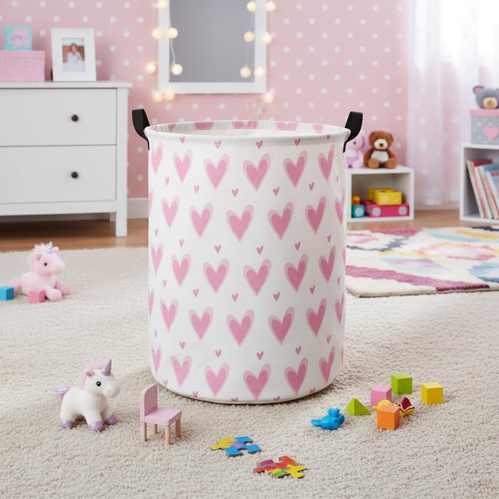 Baby Laundry Basket Baby Hamper for Nursery Girl Kids Butterfly Hamper Cute Kids Toys Storage Bin Organizer Butterfly Room Decor for Home(Pink Hearts)
