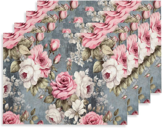 12"x18" Pink White Rose Florals Grey Vintage Flowers Placemats Set of 4 Washable Thick Place Mats Kitchen Table Mats Decorative Linen Fabric Table Mat for Dining Table Kitchen Home Decor