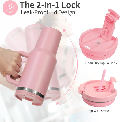 Labulabla 40oz Tumbler with Handle,Double Wall Vacuum Reusable Stainless Steel Insulated Water Bottle,With Leak Proof lid and Straw for Iced or Cold Beverages (light pink)