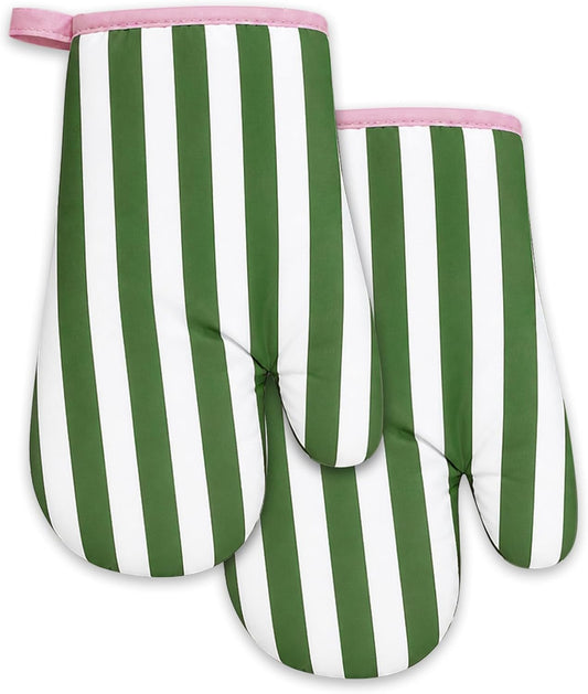 JarThenaAMCS Botanical Green Pink Stripe Oven Mitts Set of 2 Heat Resistant Kitchen Oven Gloves for Cooking Baking Grilling Kitchen Decor, 6.7 x 10.6 Inch