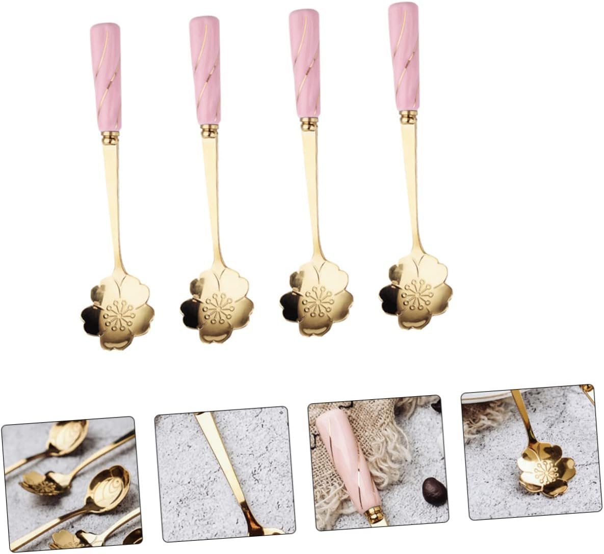 Mobestech 4pcs Dessert Spoons with Elegant Flower Ceramic Handles Creative Mixing and Cake Serving Utensils Stylish Pink Gold Design Practical for Coffee Tea and Beverages