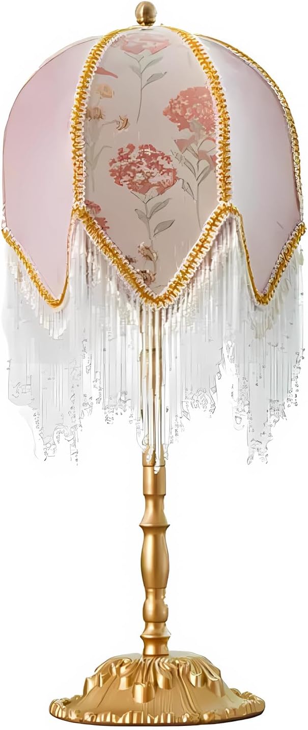 American Retro Pink Table Lamp, Handmade Custom Beaded Tassel Desk Lamp, Victorian Style, for Bedside Bedroom Living Room Study Room Home Office Reading Room Desk Lamp