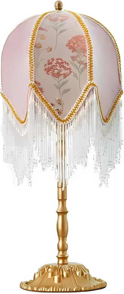 American Retro Pink Table Lamp, Handmade Custom Beaded Tassel Desk Lamp, Victorian Style, for Bedside Bedroom Living Room Study Room Home Office Reading Room Desk Lamp