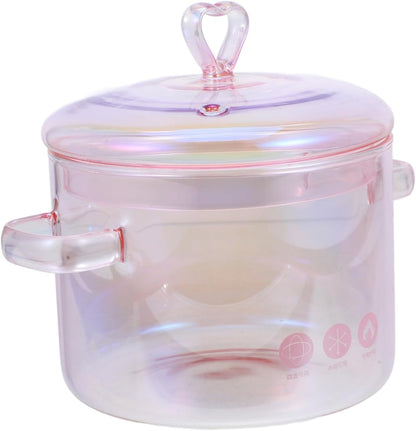 Pink Glass Saucepan with Cover,50oz/ 1500ml Double-handle Stew Pot with Lid Heat-resistant Glass Soup Pot for Home Cooking