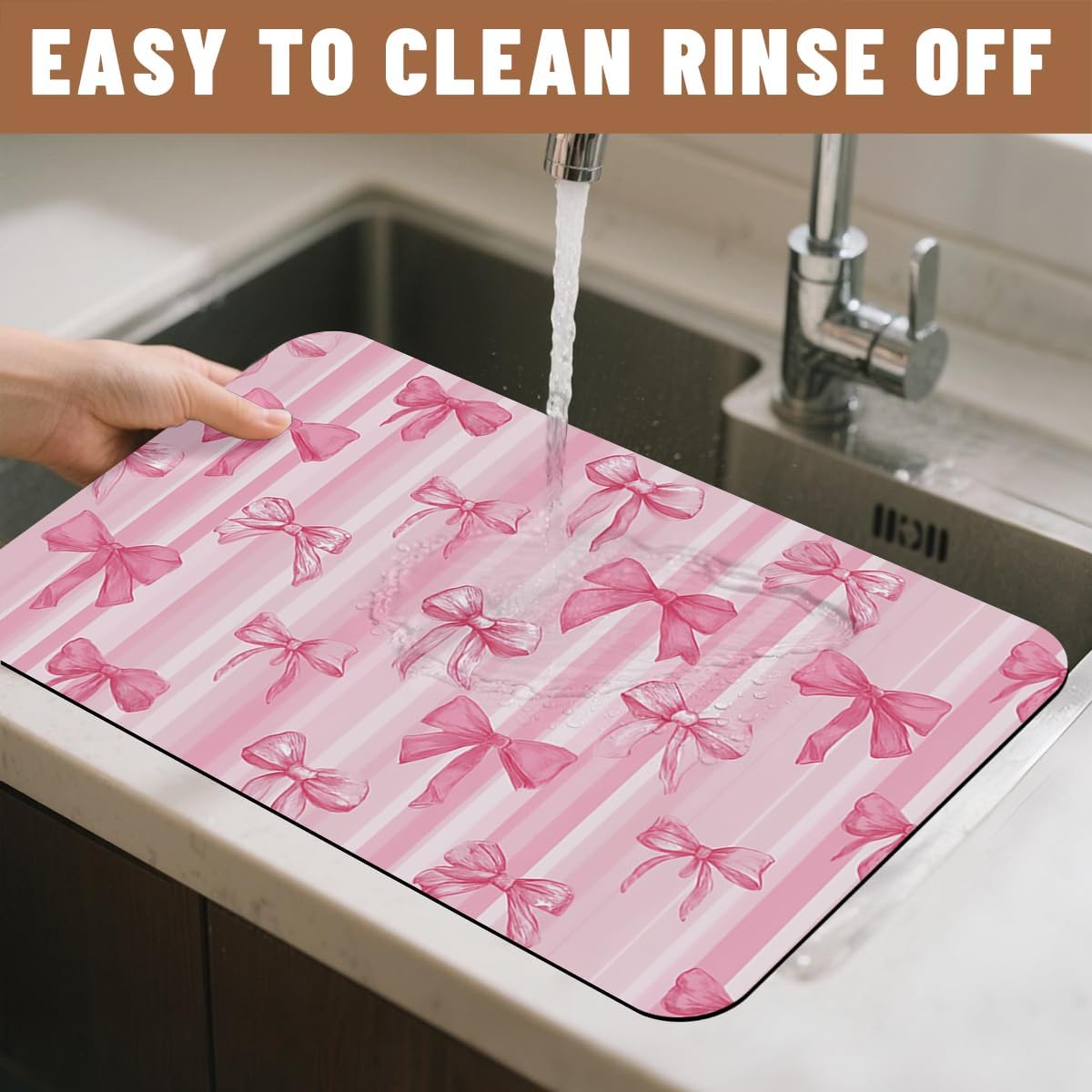 Pink Bow Dish Drying Mat for Kitchen Counter 2 Pack Bowknot Cute Dreamy Ribbon Romantic Absorbent Draining Pad, Non-Slip Coffee Bar Mats for Coffee Machine Station Accessories 12"L x 20"W