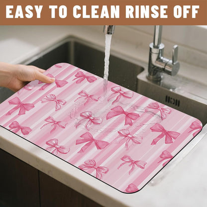 Pink Bow Dish Drying Mat for Kitchen Counter 2 Pack Bowknot Cute Dreamy Ribbon Romantic Absorbent Draining Pad, Non-Slip Coffee Bar Mats for Coffee Machine Station Accessories 12"L x 20"W