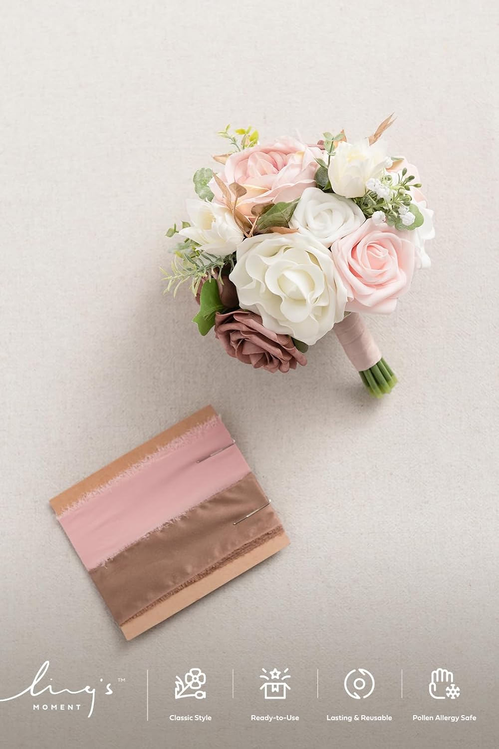 Ling's moment Dusty Rose Artificial Wedding Flower Bouquet for Bridesmaid Pink Floral Bouquet Blush Bridesmaid Bouquets with Ribbon Ceremony Anniversary,7-inch Diameter
