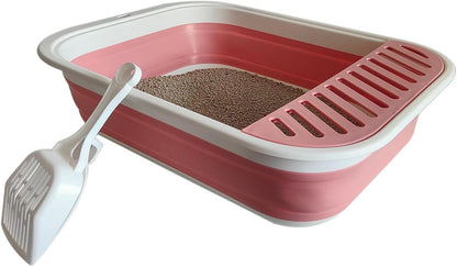 Senior Cat Litter Boxes, Collapsible Open Low Entry Cat Litter Pan with Scoop Travel Kitten Potty Pan Foldable Pet Toilet for Sick Disabled Older Elderly Cats Pink 20.9x15.7x5.7 inch