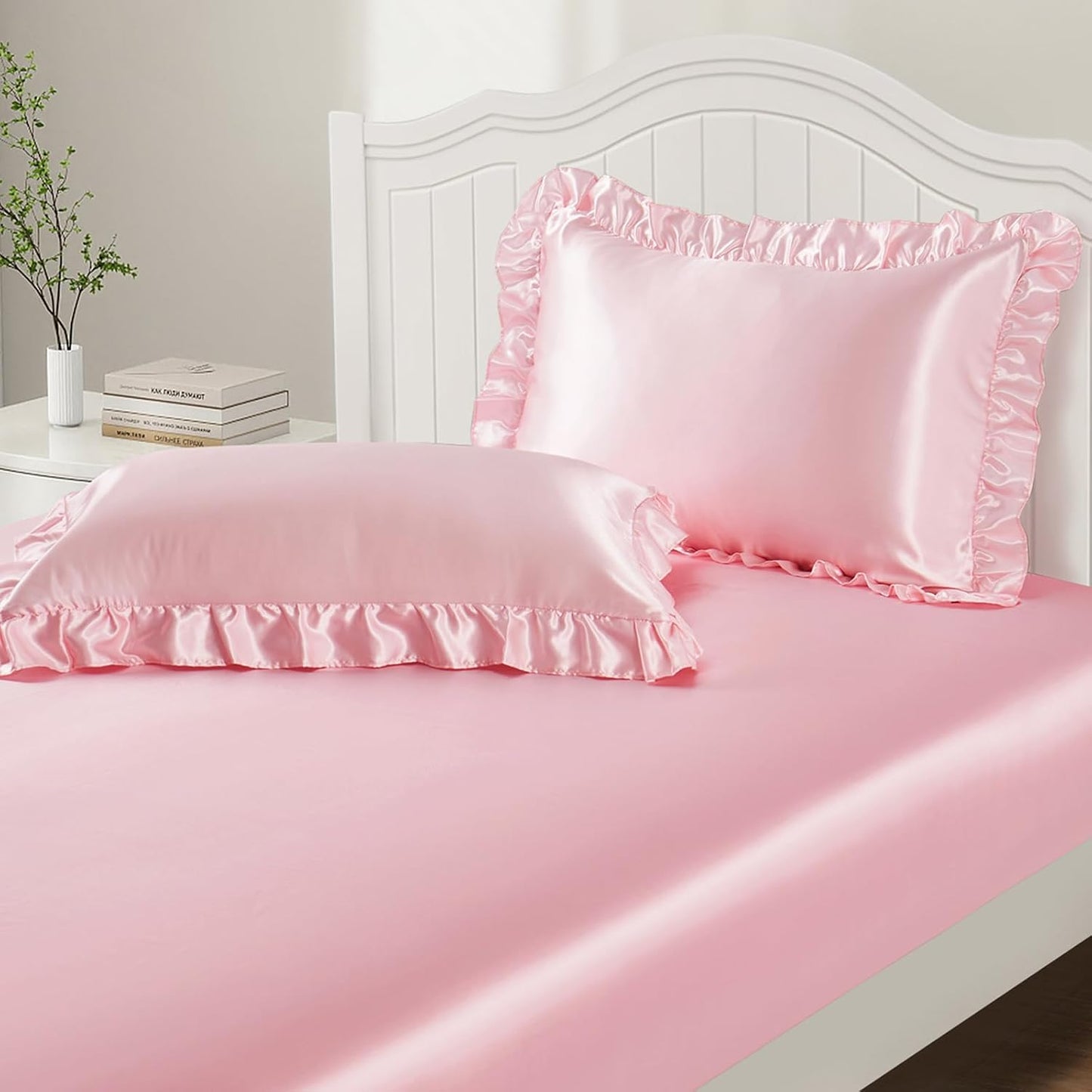 P Pothuiny 3-Piece Set Ruffle Satin Pillowcases & Twin Fitted Sheet, Luxury Blush Pink Satin Fitted Sheet Silky Soft Cute Bedding Bedroom Dorm Decor, Wrinkle Free, 15 Inch Deep Pocket