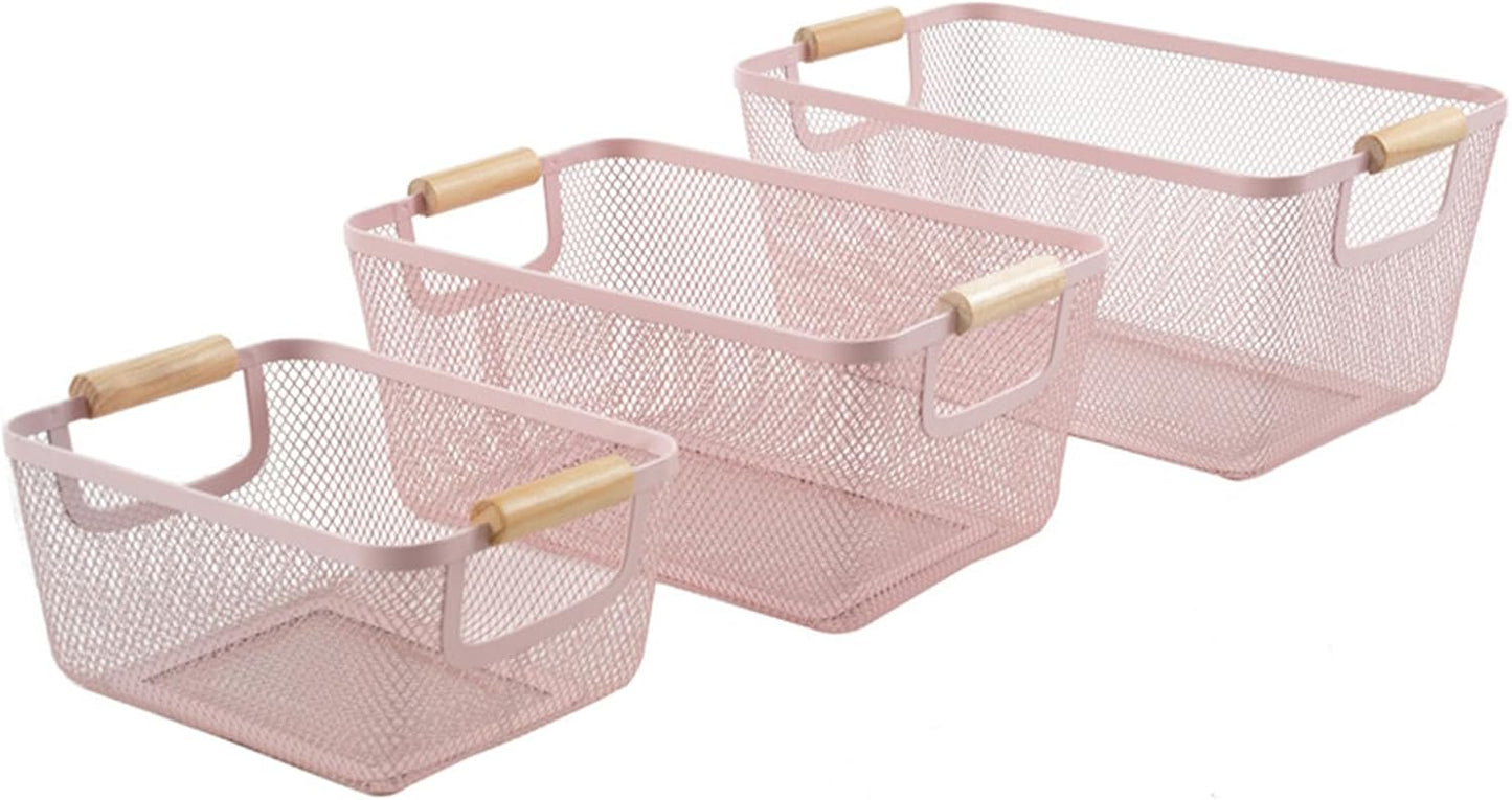 AJIODA Metal Mesh Steel Basket, Medium Wire Storage Organizer Basket Multi-function Hanging Kitchen Basket with Wood Handle for Kitchen Bathroom Picnic Home, Rectangle-Pink