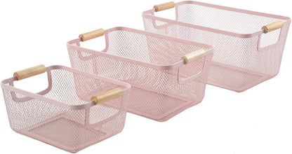 AJIODA Metal Mesh Steel Basket, Medium Wire Storage Organizer Basket Multi-function Hanging Kitchen Basket with Wood Handle for Kitchen Bathroom Picnic Home, Rectangle-Pink