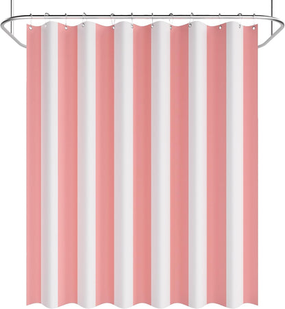 AmazerBath Pink Vertical Stripes Shower Curtain, Cute Pink Stripe Bathroom Shower Curtain with 12 Shower Curtain Hooks, Rustic Fabric Pink and White, 72x72 Inches