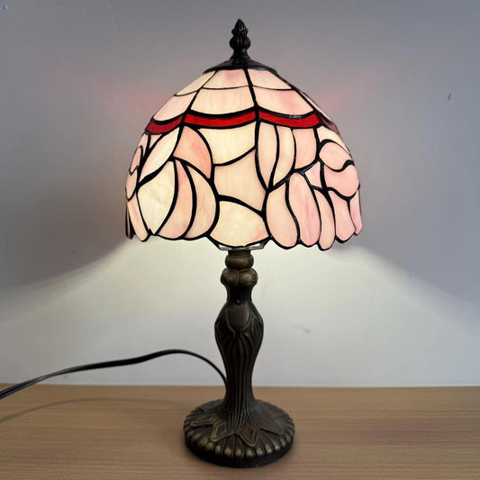 Tiffany Style Pink Petals Small Table Lamp,3 Color-Temperature Bedside Lamp for Bedroom,Hand-Made Stained Glass Vintage End Table Lamps for Living Room, Nightstand Light+LED Bulb,8X8X15Inch