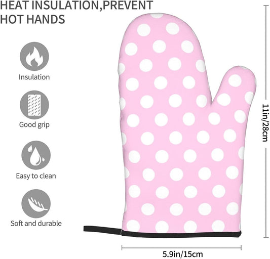 Light Pink Polka Dot Print B Oven Mitts for Women, Cute Kitchen aid Oven Mitts Heat Resistant with Cotton Lining