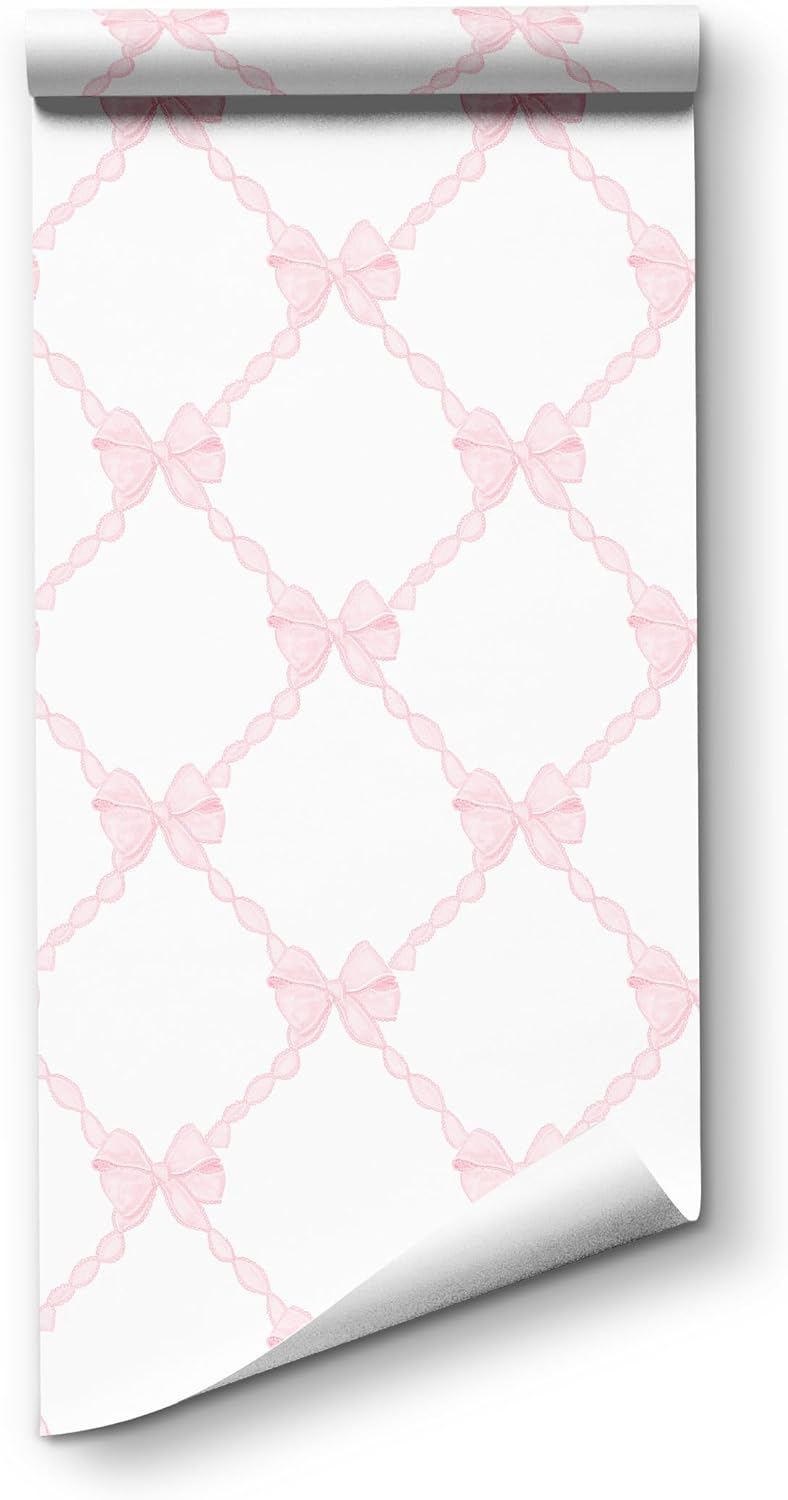 Pink Bow-Flower Pattern Peel and Stick Wallpaper, Removable Self-Adhesive Wall Covering for Nursery, Girls Room, Princess Theme Decor