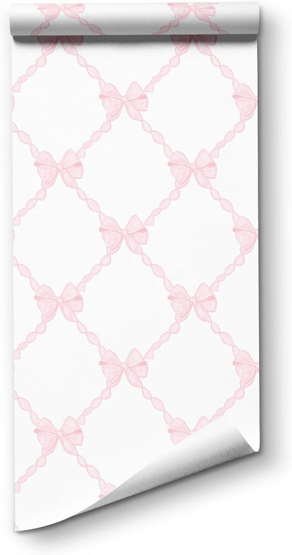 Pink Bow-Flower Pattern Peel and Stick Wallpaper, Removable Self-Adhesive Wall Covering for Nursery, Girls Room, Princess Theme Decor