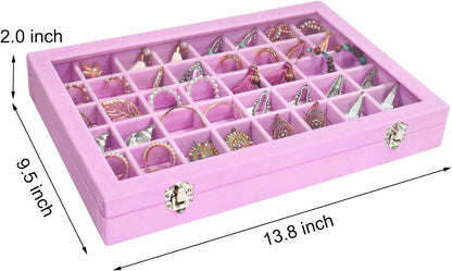 Siveit Velvet Jewelry Tray 48 Grid Jewelry Display Tray Organizer Box with Transparent Lid Rings Earrings Necklaces Pendants Display Box Suitable for Women and Girls (Pink)