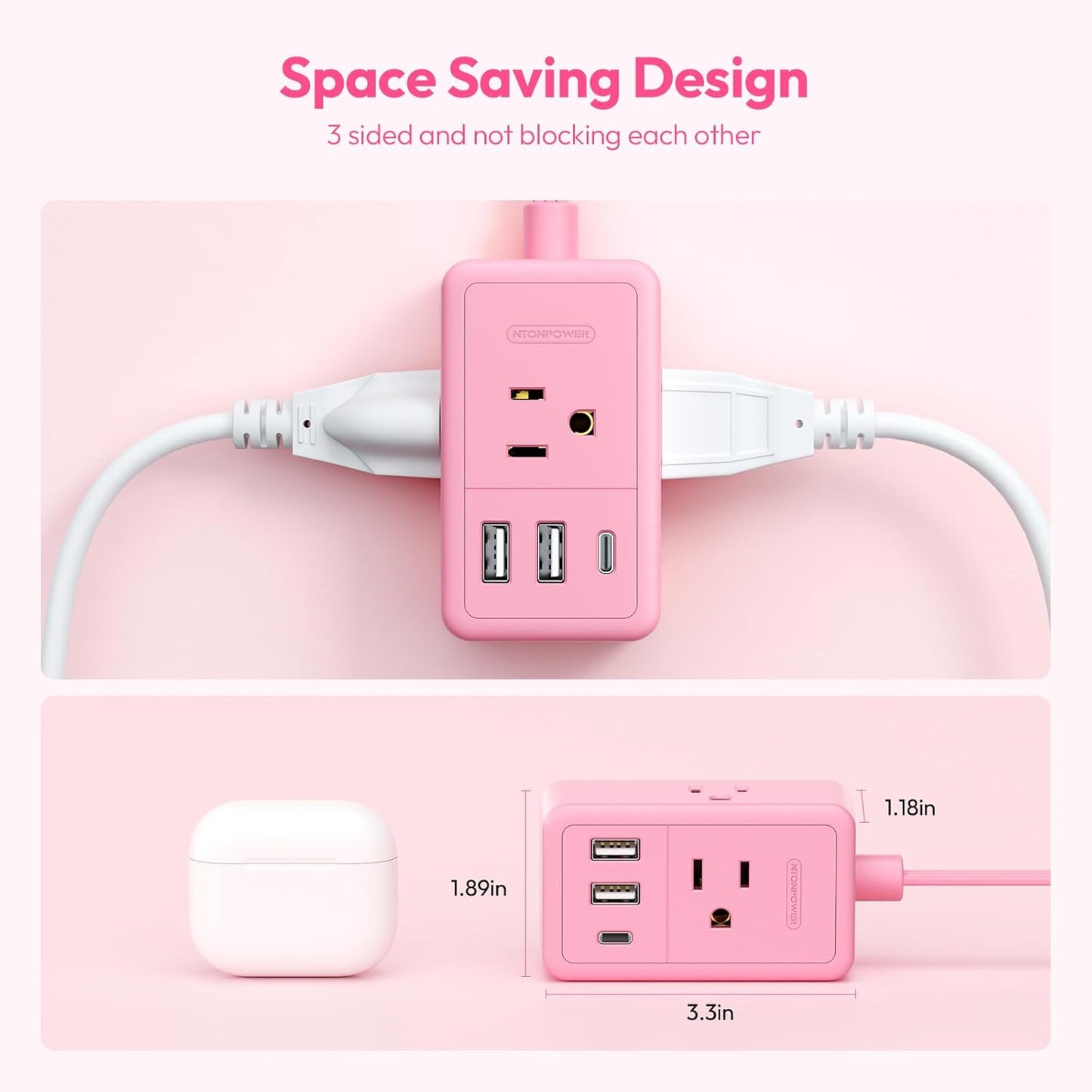 NTONPOWER Pink Extension Cord 15 ft, Pink Power Strip Flat Wall Plug with 3 Outlets 3 USB (1 USB C), Flat Extension Cord for Home Office Dorm Room Essentials