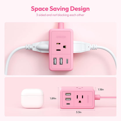 NTONPOWER Pink Extension Cord 15 ft, Pink Power Strip Flat Wall Plug with 3 Outlets 3 USB (1 USB C), Flat Extension Cord for Home Office Dorm Room Essentials
