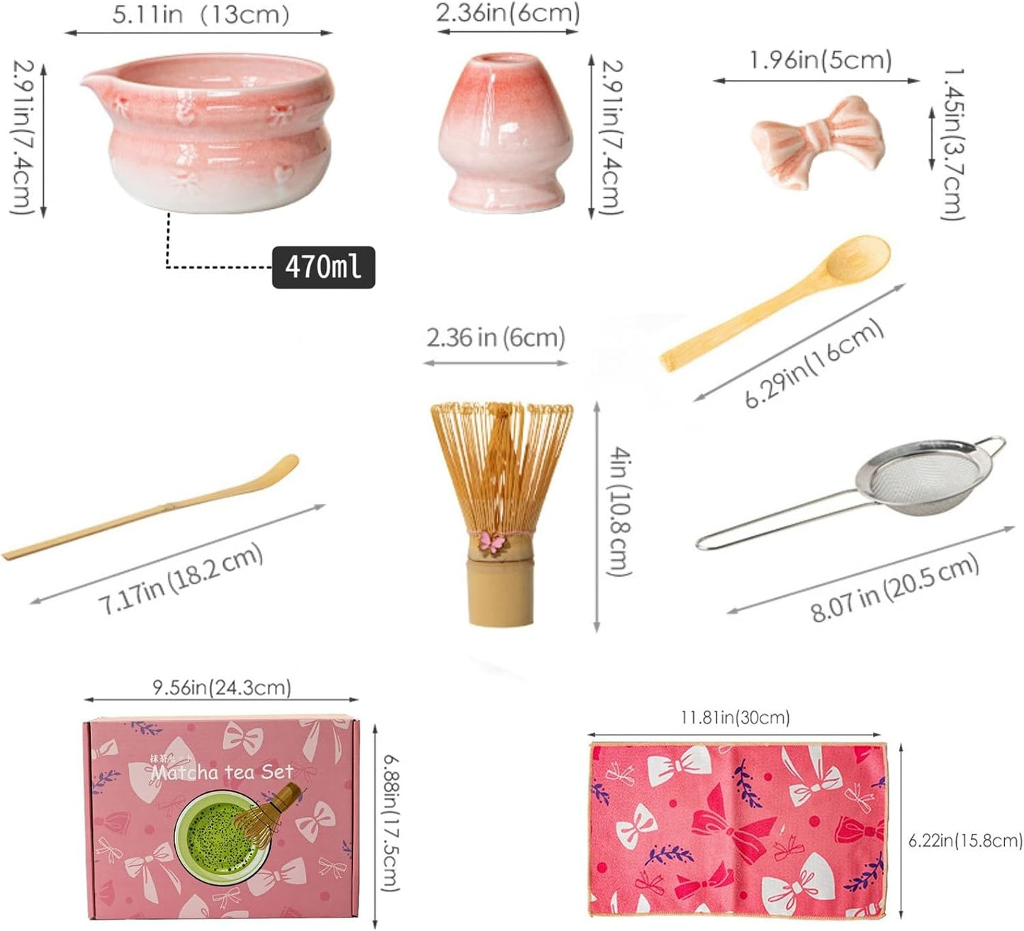 Matcha Whisk Set, 8 Pcs Japanese Ceremony Matcha Tea Powder Making Tools with Pink Bowknot Ceramic Bowl, Bamboo Whisk and Holder, Scoop, Strainer, Ideal for Mat-cha Lovers