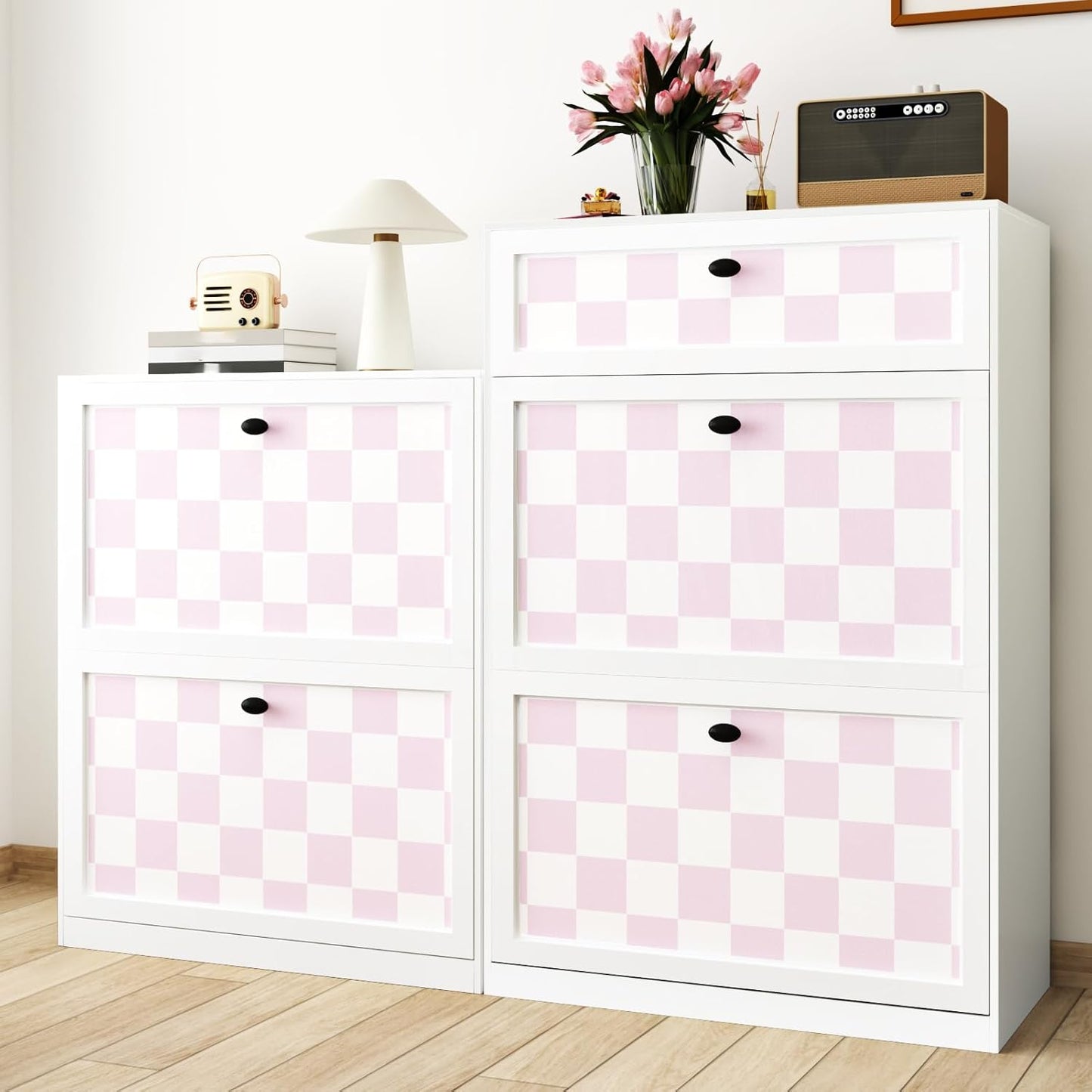 Pink Checkered Wallpaper Peel and Stick Pink White Modern Geometric Wallpaper Checkered Contact Paper Waterproof Funky Checkerboard Wallpapers for Girls Kid Bedroom Countertops 17.5"x120"