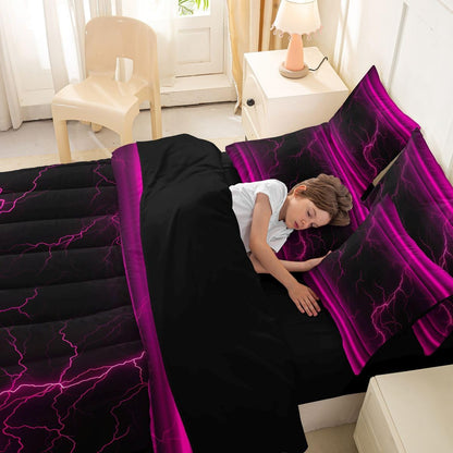 Erosebridal Black Pink Neon Light Girls 7 Piece Bedding Set Twin | Ombre Lightning Pattern Comforter Set with Sheets Abstract Aesthetic Bed in A Bag Modern Art Bed Sets
