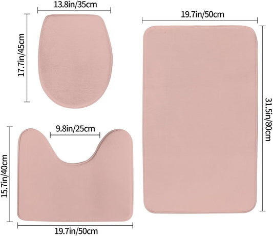 3 Pieces Bath Rug Set, Dusty Rose Pale Pink Solid Trend Color Bathroom Mat Set Non Slip & Absorbent Bath Carpet, U Shaped Contour Rug & Toilet Lid Cover
