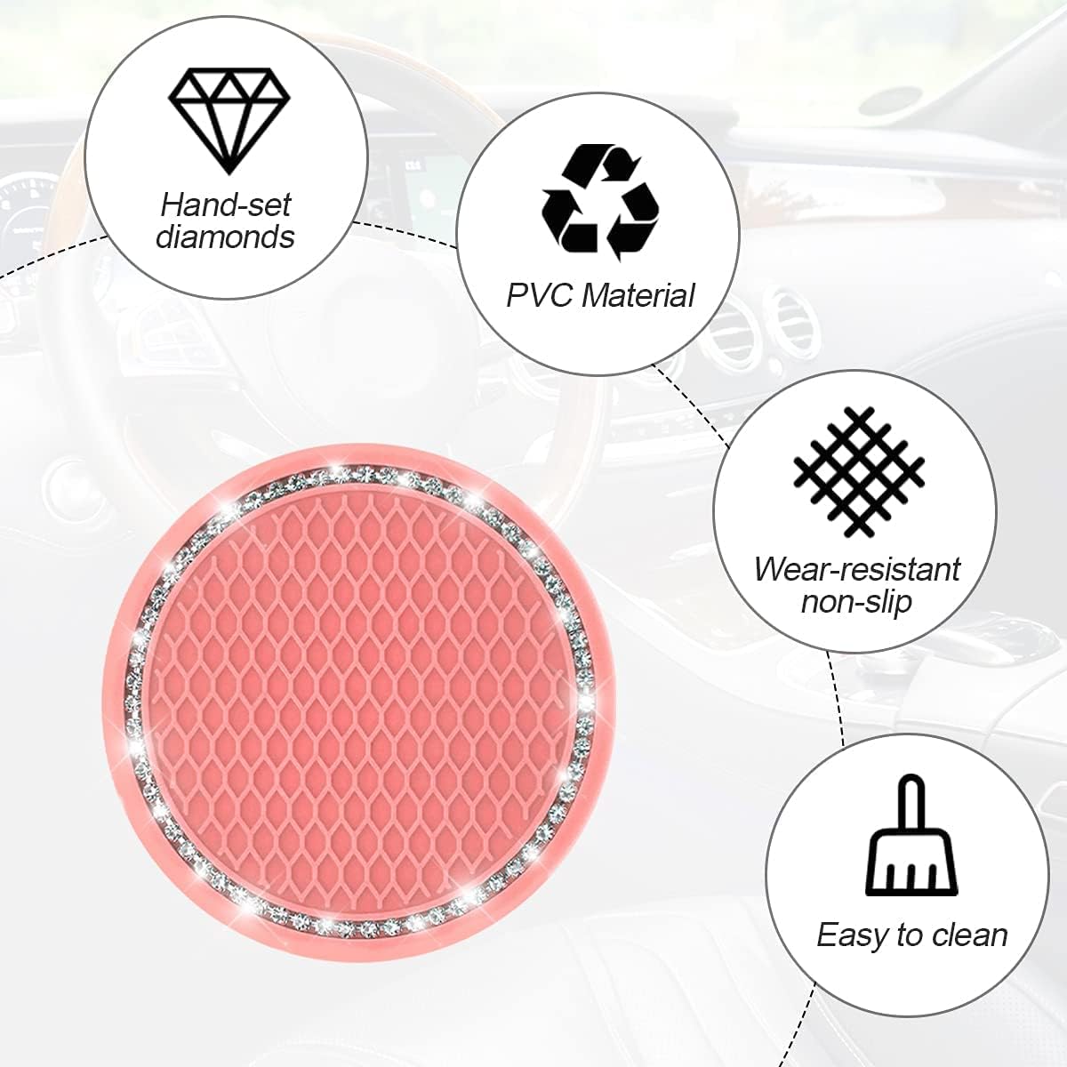 Bling Crystal Rhinestone Car Cup Holder Coaster, 2 PCS Universal Auto Accessories 2.75 Inch Anti Slip Insert Mat Pad Set, Suitable for Most Cars, Trucks, Vehicles Interior (Light Pink)