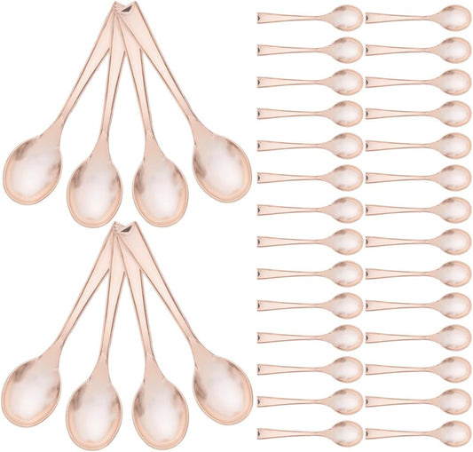 BESTYASH 50pcs Rose Gold Disposable Mini Dessert Spoons Faux Metal Demitasse Spoons for Ice Pudding Appetizers Catering Sturdy Single Use Small for Parties and Events