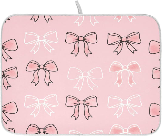 Watercolor Bows Pink Dish Drying Mat for Kitchen Counter Absorbent Microfiber Small Drying Pad Dish mats for Kitchen Countertops 16 x 18 Inch