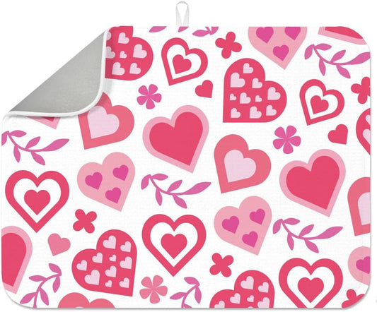 INFUNLY Love Heart Leaf Drying Mat 17.7x23.6" Wedding Holiday Absorbent Pad Valentine Day Dish Drying Mat for Kitchen Pink Eucalyptus Hearts Placemats for Table Countertop Sink Coffee Bar