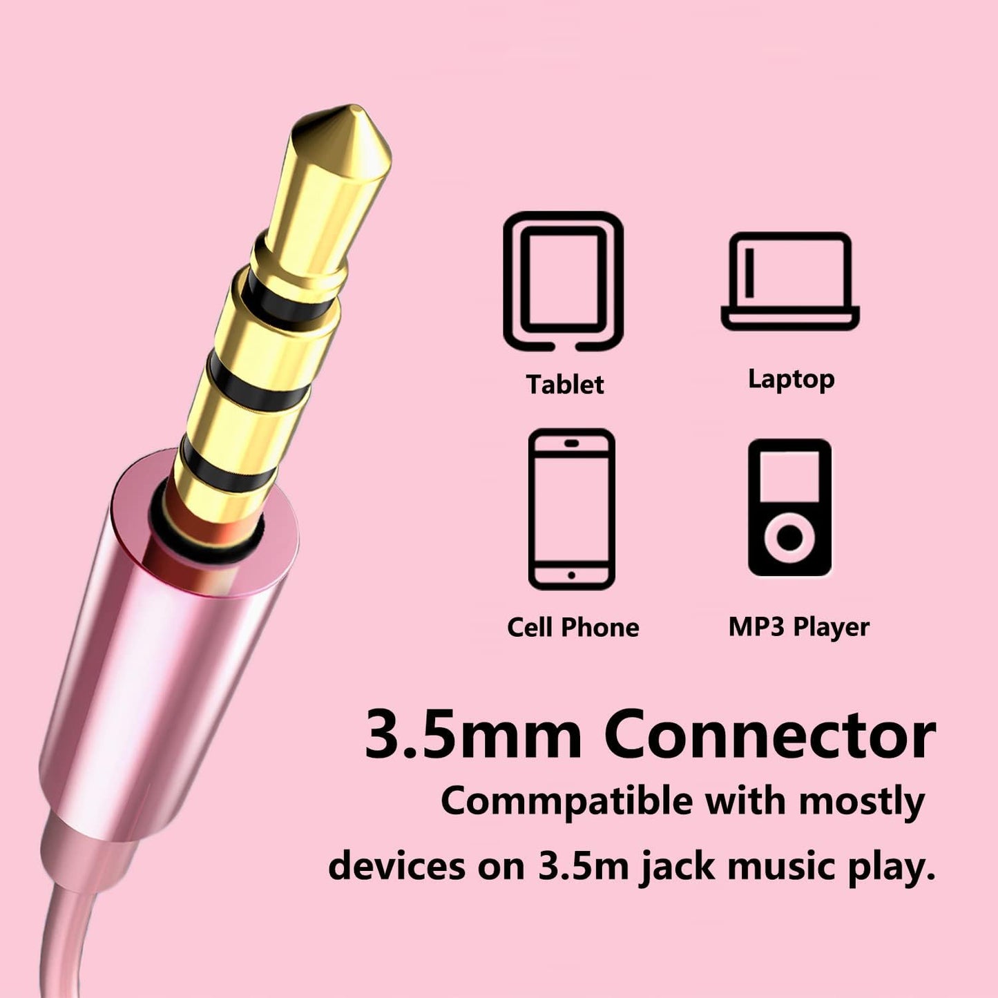 Rose Gold Earbuds, Girls Pink Earphones Wired with mic, Volume Control in Ear Headphones 3.5mm for Smartphones Mp3 Tablet Laptop