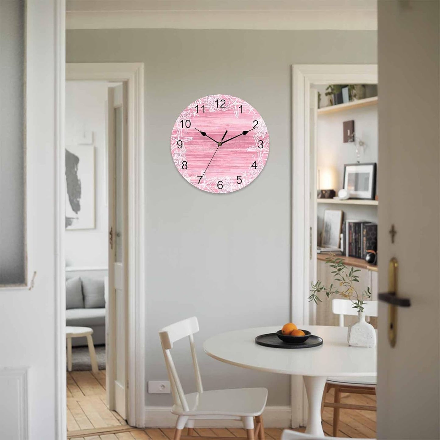 Wall Clock Pink Coral Starfish Clocks PVC Silent Non-Ticking Battery Operated Decorative Summer Ocean Beach Shell Round Clock for Home Living Room Kitchen Bedroom Office School Wall Decor 10 Inch