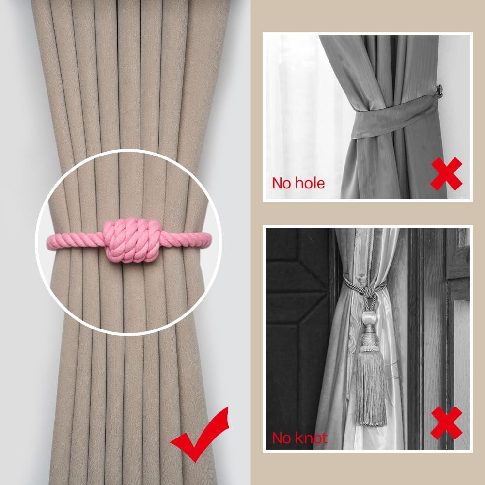 NICEEC 2 Pack Natural Cotton Rope Magnetic Curtain Tiebacks Boho Simple Style Drape Tie Backs Elegant Hand Weave Rope Knot Decorative Curtain Holdbacks for Home & Office Window Drapery (Pink)