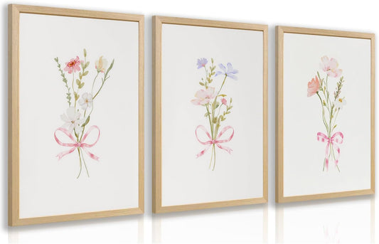 Msziryn Wood Framed Pink Floral Wall Art Set of 3, Coquette Bow Botanical Poster Print, Soft Pastel Wildflower Decor, Minimalist Cottagecore Flower Artwork for Bedroom Bathroom Nursery 12x16 Inch