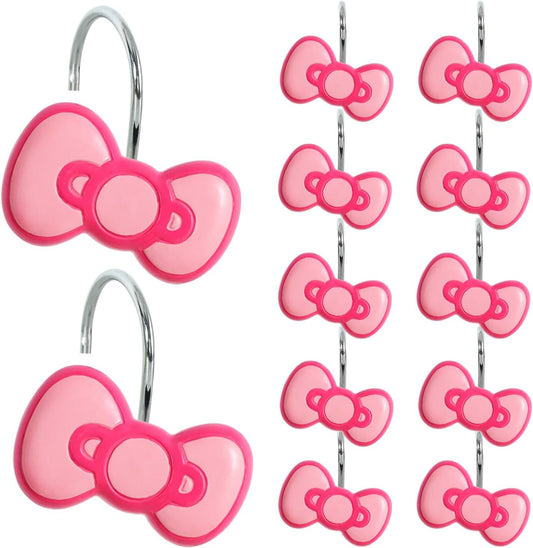 12-Piece Pink Bow Shower Curtain Hooks, Cute Stainless Steel Decorative Shower Hangers Rings for Bathroom Decor