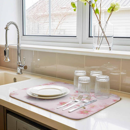 Pink Floral Dish Drying Mat for Kitchen Counter Modern Farmhouse Aesthetic Shabby Chic Flower Baby Microfiber Drying Pad, Absorbent Coffee Cup Dishes Drainer Mats 18"x24", 1 Pcs