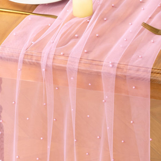 MLMC Pink Pearl Table Runner Boho Rustic Tulle Table Runner with Pearls 10ft 29"x120" Cheesecloth Table Decor for Wedding Anniversary Baby Shower Home Decoration