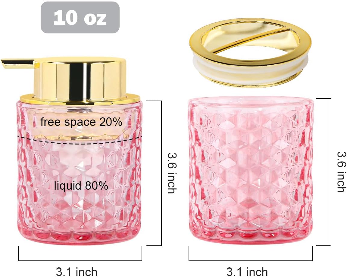 Bathroom Accessories Set, 3pcs Pink Glass Bathroom Accessory Set,Toothbrush Holder, Foaming Soap Dispenser and Tumbler, Gold Bathroom Decor Sets for Organizer, Home Apartment Gift