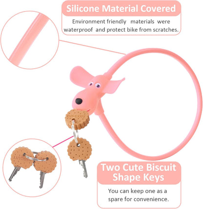 Bike Cable Lock with Keys,Silicone Covered Kids Cable Lock Cartoon Lock,2 Feet Lock for Bike,Door,Skateboard,Helmet and More(Light Pink, Large)