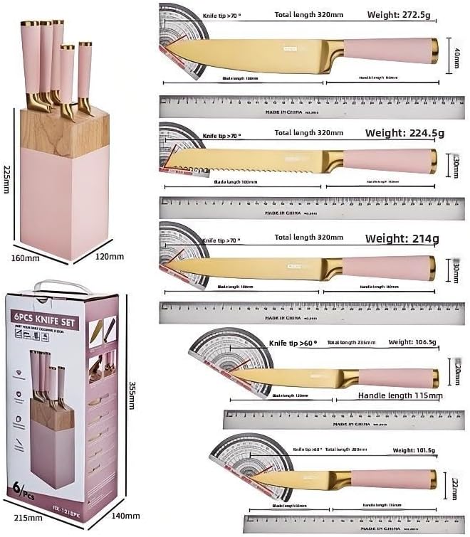 Pink Titanium-Plated Knife Set 7-Piece - Professional Kitchen Knives with Chef/Slicing/Utility/Honing Steel - Rose Gold Blades + Wooden Stand, Luxury Gift Box (Pink)
