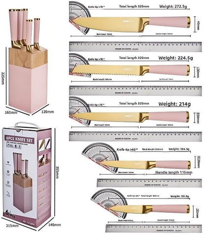 Pink Titanium-Plated Knife Set 7-Piece - Professional Kitchen Knives with Chef/Slicing/Utility/Honing Steel - Rose Gold Blades + Wooden Stand, Luxury Gift Box (Pink)