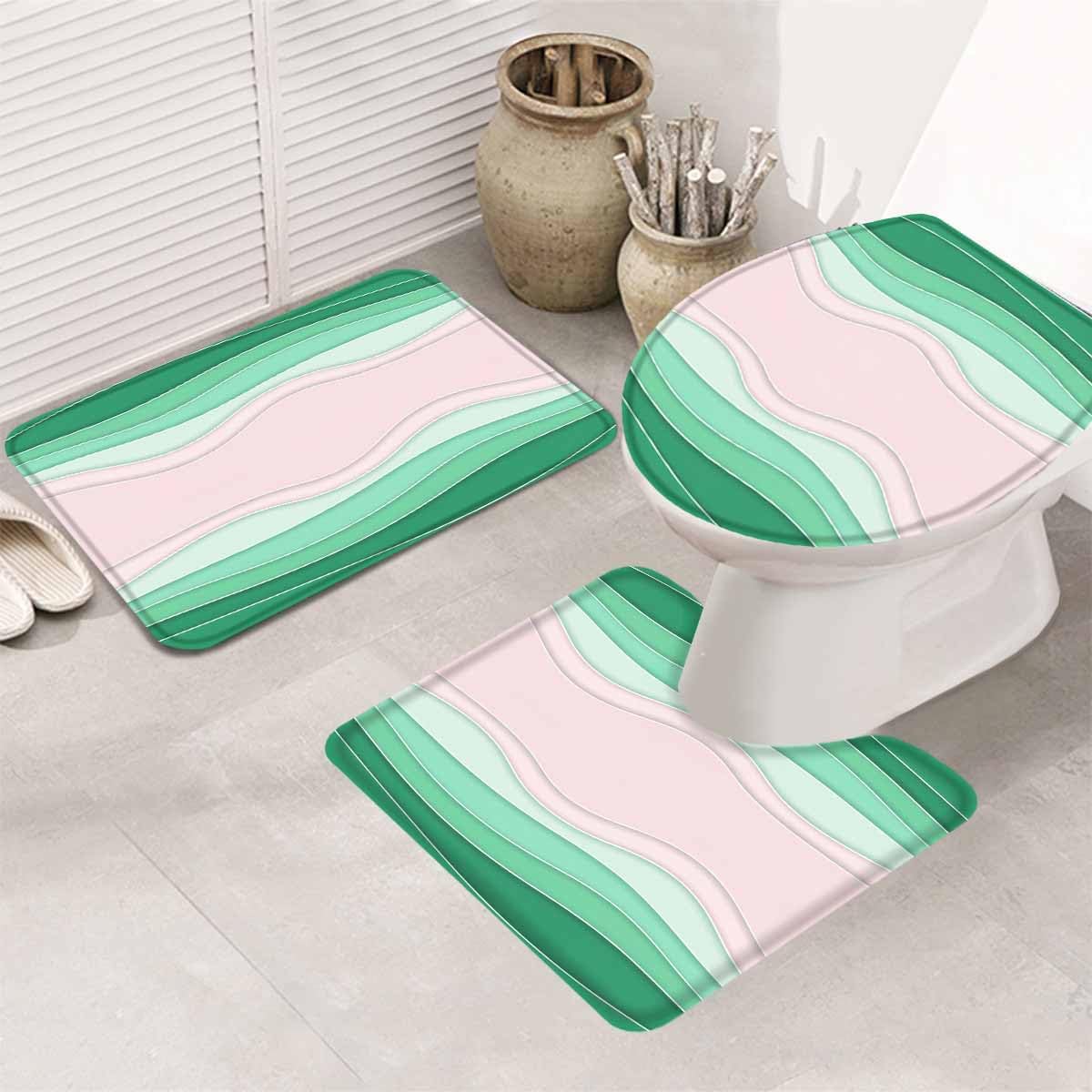 Green Stripes Bathroom Rugs Mat Sets 3 Piece, Light Pink Ombre Simple Abstract Lines Bath Shower Rugs with U-Shaped Contour Toilet Mat, Small Absorbent Bathtub Runner Rugs Floor Mats