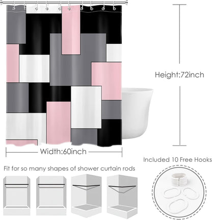 HVEST Modern Pink Shower Curtain with Hooks, Grey Black and White Abstract Geometric Shower Curtain for Bathroom, Mid Century Minimalist Bathroom Decor Curtains, 60W X72L inches