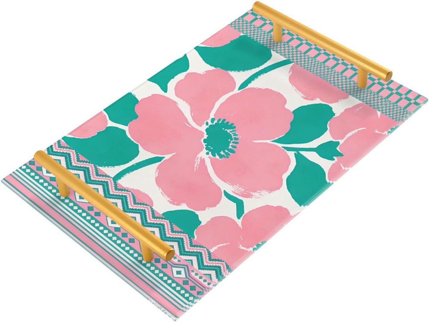 Peach Simple Floral Decorative Rectangle Trays with Handles Modern Serving Tray for Jewelry Perfume for Farmhouse Serving bandeja de decoracion para sala