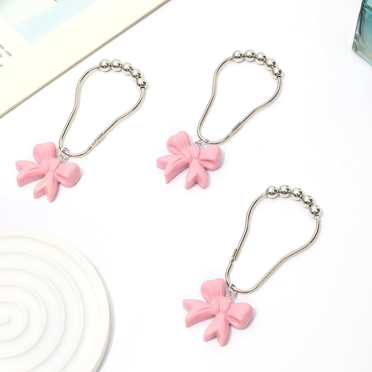 SUQ I OME 12PCS Decorative Shower Curtain Hooks, Pink Bow Knot Resin Curtain Hooks Shower Rings for Bathroom