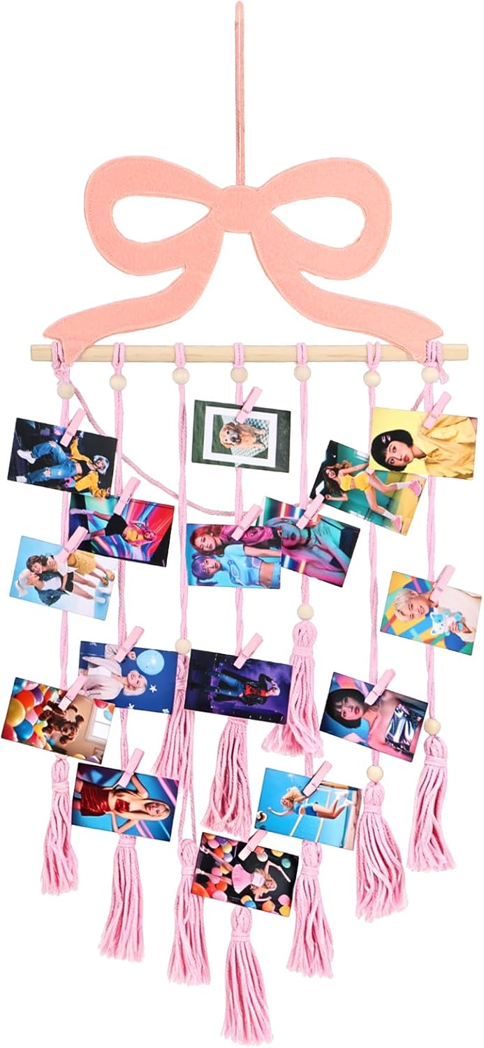 Pink Bow Hanging Photo Display Wall Decor Coquette Photo Display with 30 Pink Clips Picture Frame Collage Holder for Bedroom Wedding Graduation Christmas Coquette Party and Teenage Gifts