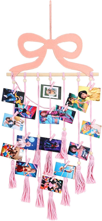Pink Bow Hanging Photo Display Wall Decor Coquette Photo Display with 30 Pink Clips Picture Frame Collage Holder for Bedroom Wedding Graduation Christmas Coquette Party and Teenage Gifts